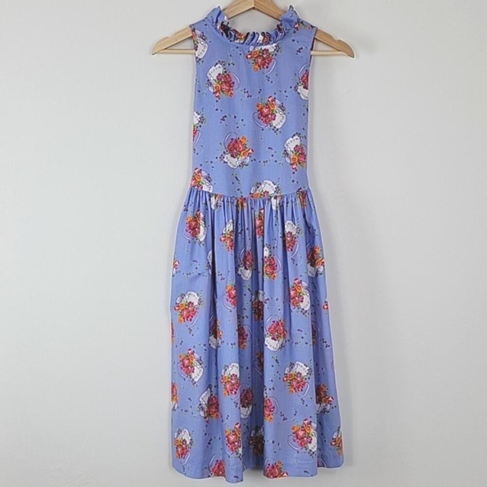 Wee Clancy Vintage Sleeveless Blue Garden‎ Floral Watering Can Print Dress 14